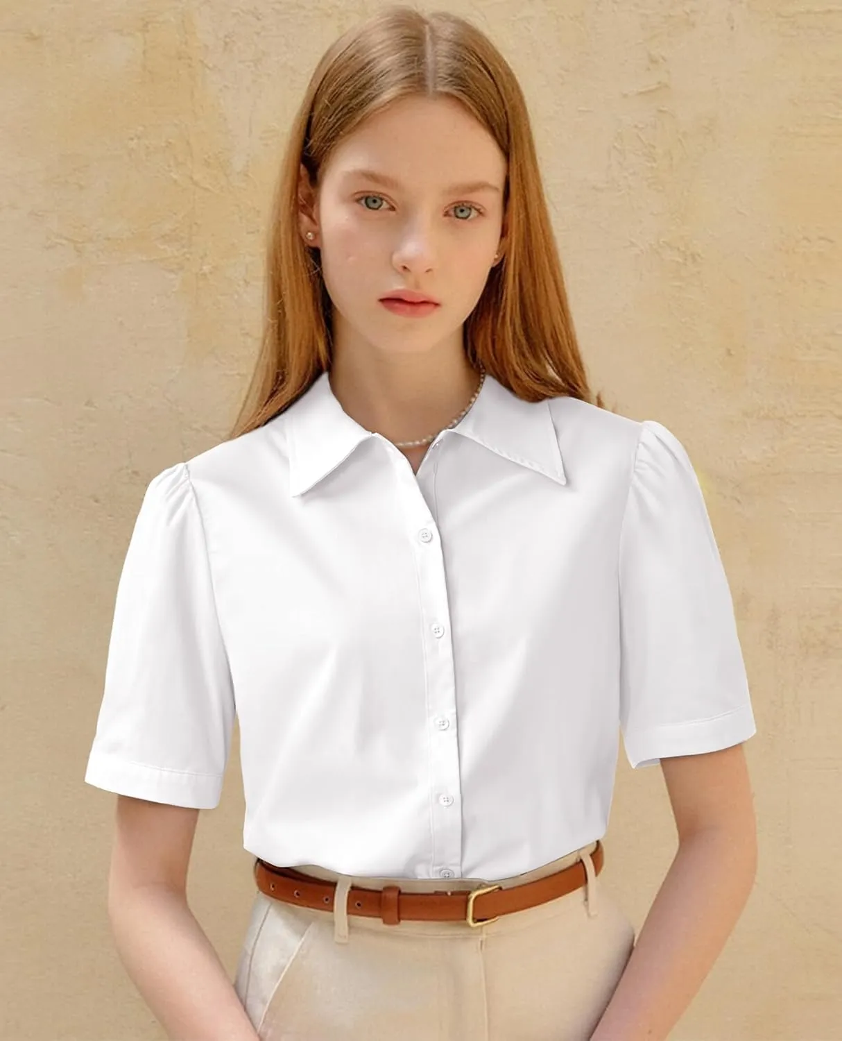 Button Down Shirts for Women Puff Short Sleeve Button Up Dress Shirts Collared Fitted Blouse Work Business Top