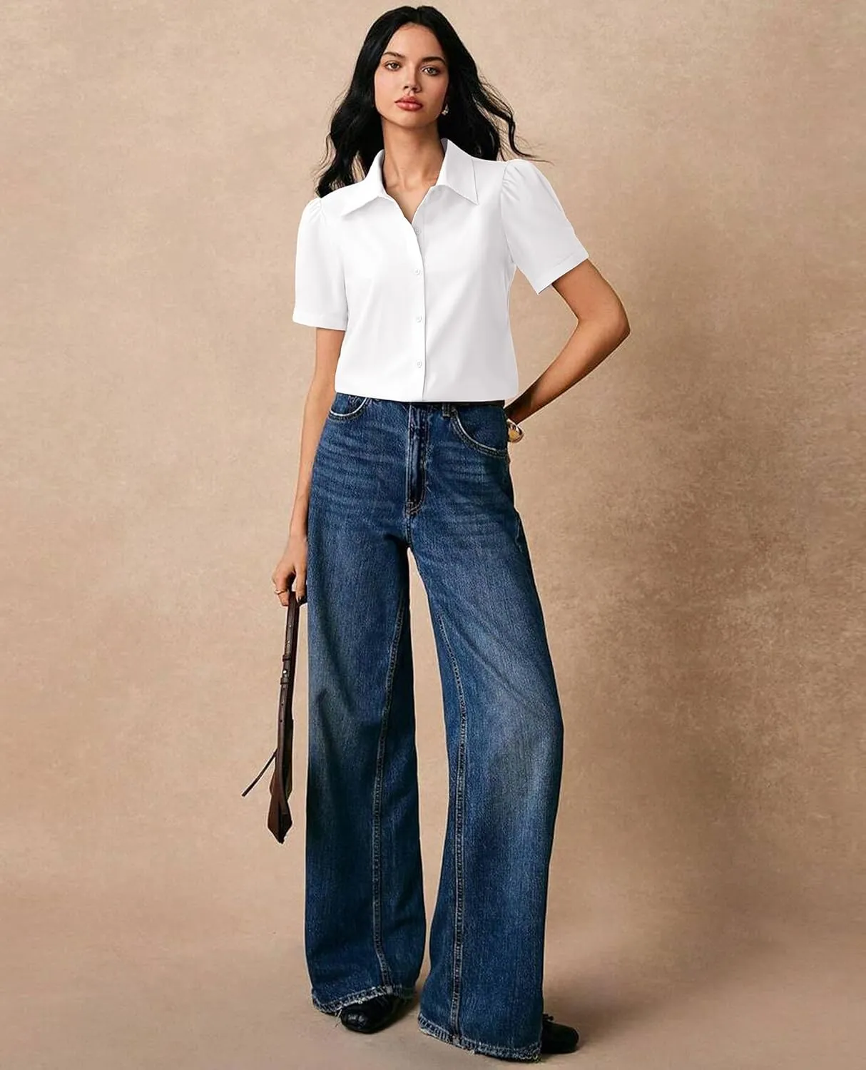 Button Down Shirts for Women Puff Short Sleeve Button Up Dress Shirts Collared Fitted Blouse Work Business Top