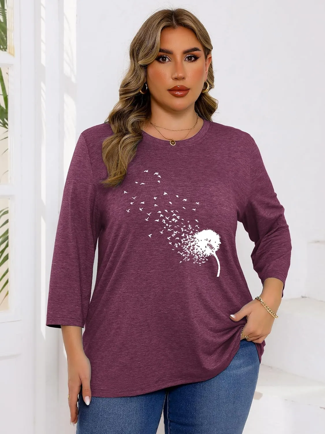 Chulianyouhuo Plus Size Tops for Women Cute Graphic Tees 3/4 Sleeve Flower Print Loose Fit Summer Casual T Shirts