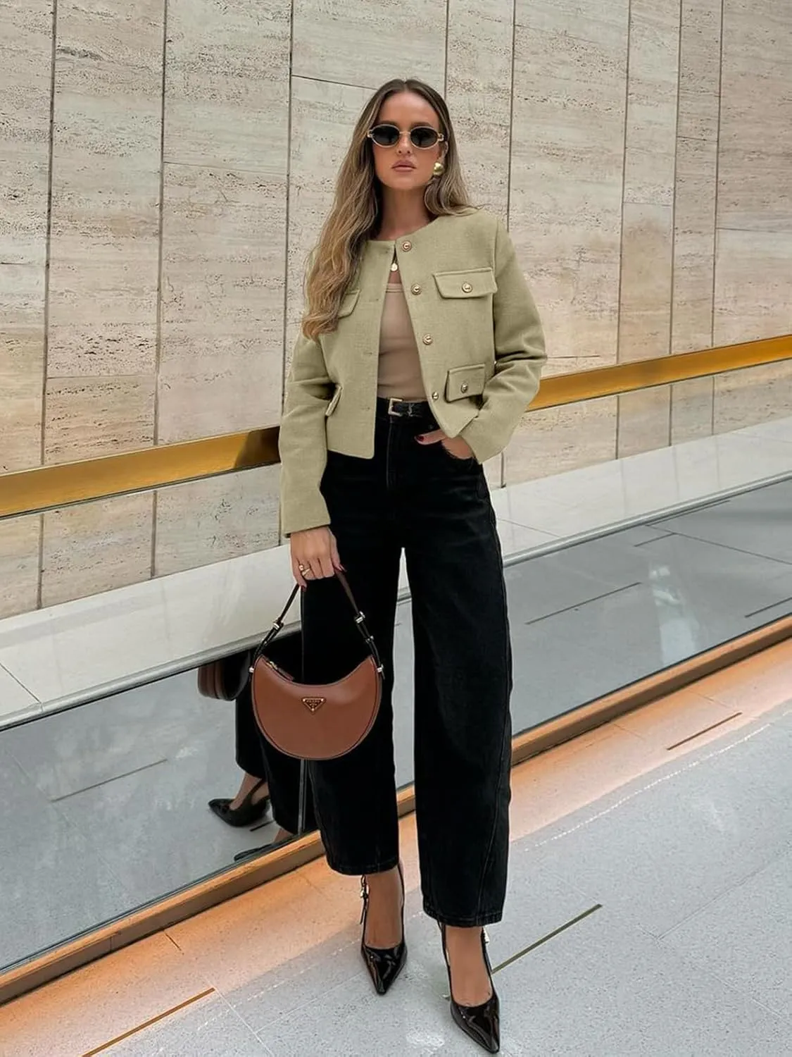 Cicy Bell Womens Cropped Tweed Blazer Jackets Collarless Button Down Business Casual Outfits with Pockets