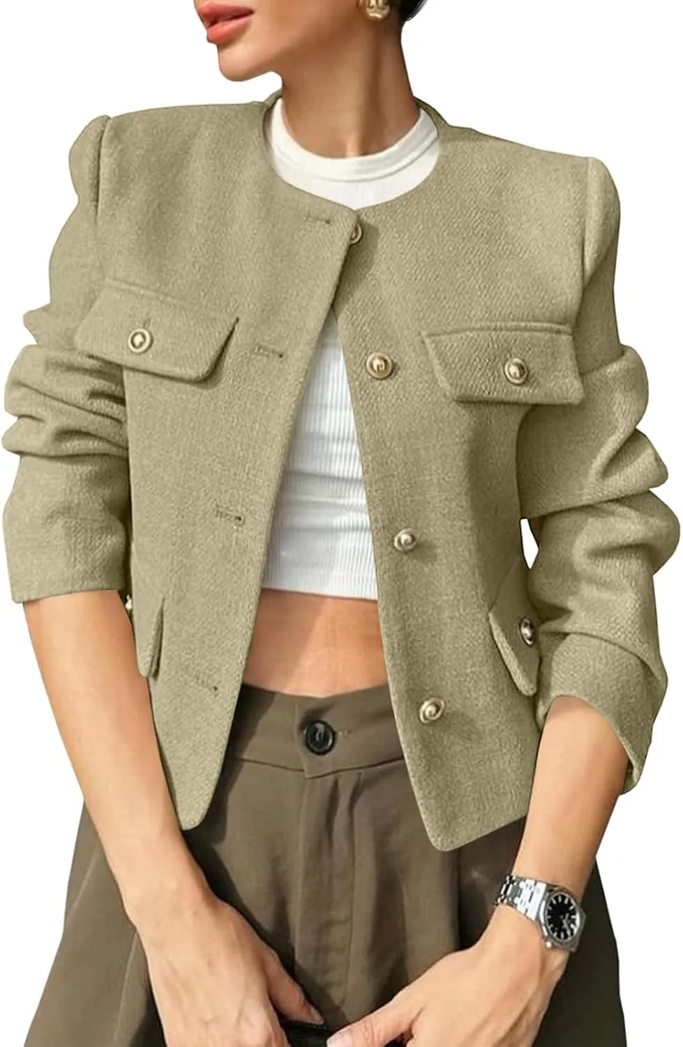 Cicy Bell Womens Cropped Tweed Blazer Jackets Collarless Button Down Business Casual Outfits with Pockets