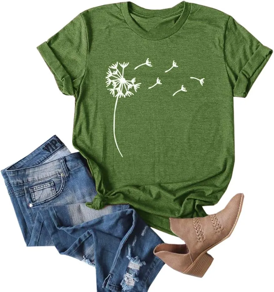 Cicy Bell Women's Dandelion Print T Shirts Cute Graphic Tees Short Sleeve Summer Cotton Tee Tops