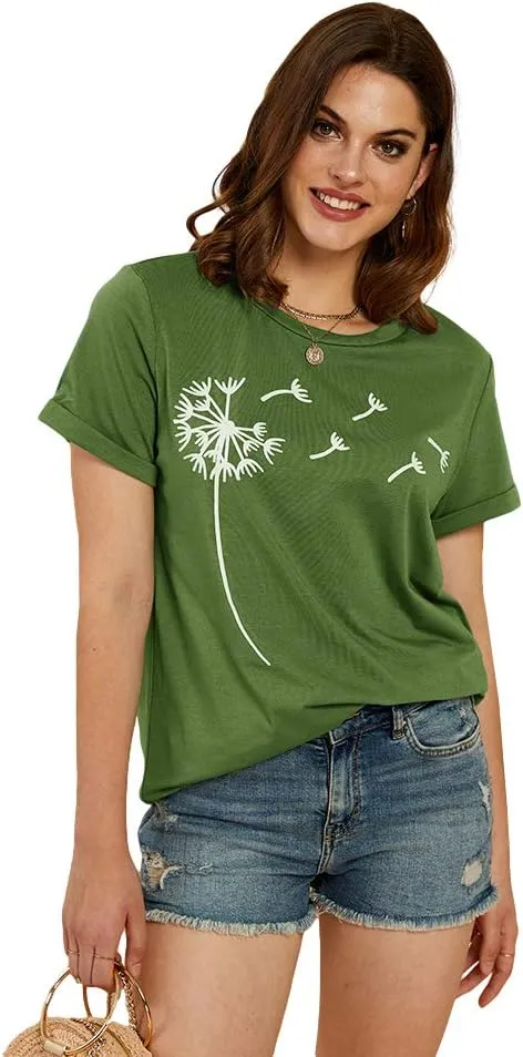 Cicy Bell Women's Dandelion Print T Shirts Cute Graphic Tees Short Sleeve Summer Cotton Tee Tops