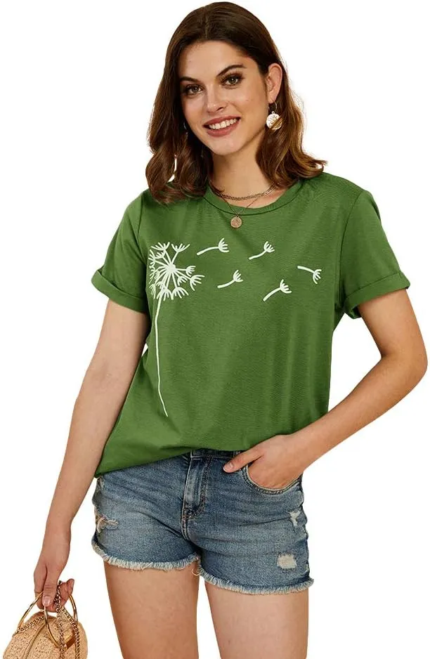 Cicy Bell Women's Dandelion Print T Shirts Cute Graphic Tees Short Sleeve Summer Cotton Tee Tops
