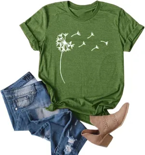 Cicy Bell Women's Dandelion Print T Shirts Cute Graphic Tees Short Sleeve Summer Cotton Tee Tops