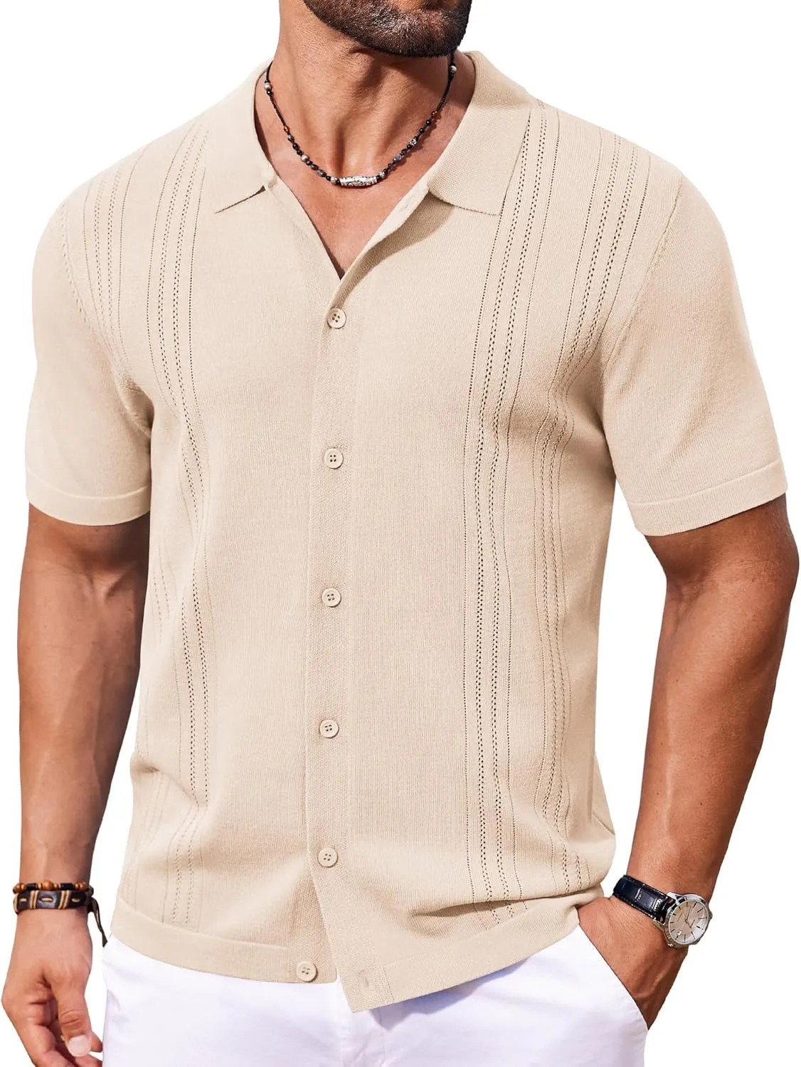 COOFANDY Men's Knit Button Down Shirt Short Sleeve Cuban Guayabera Shirts Casual Textured Polo Summer Tops