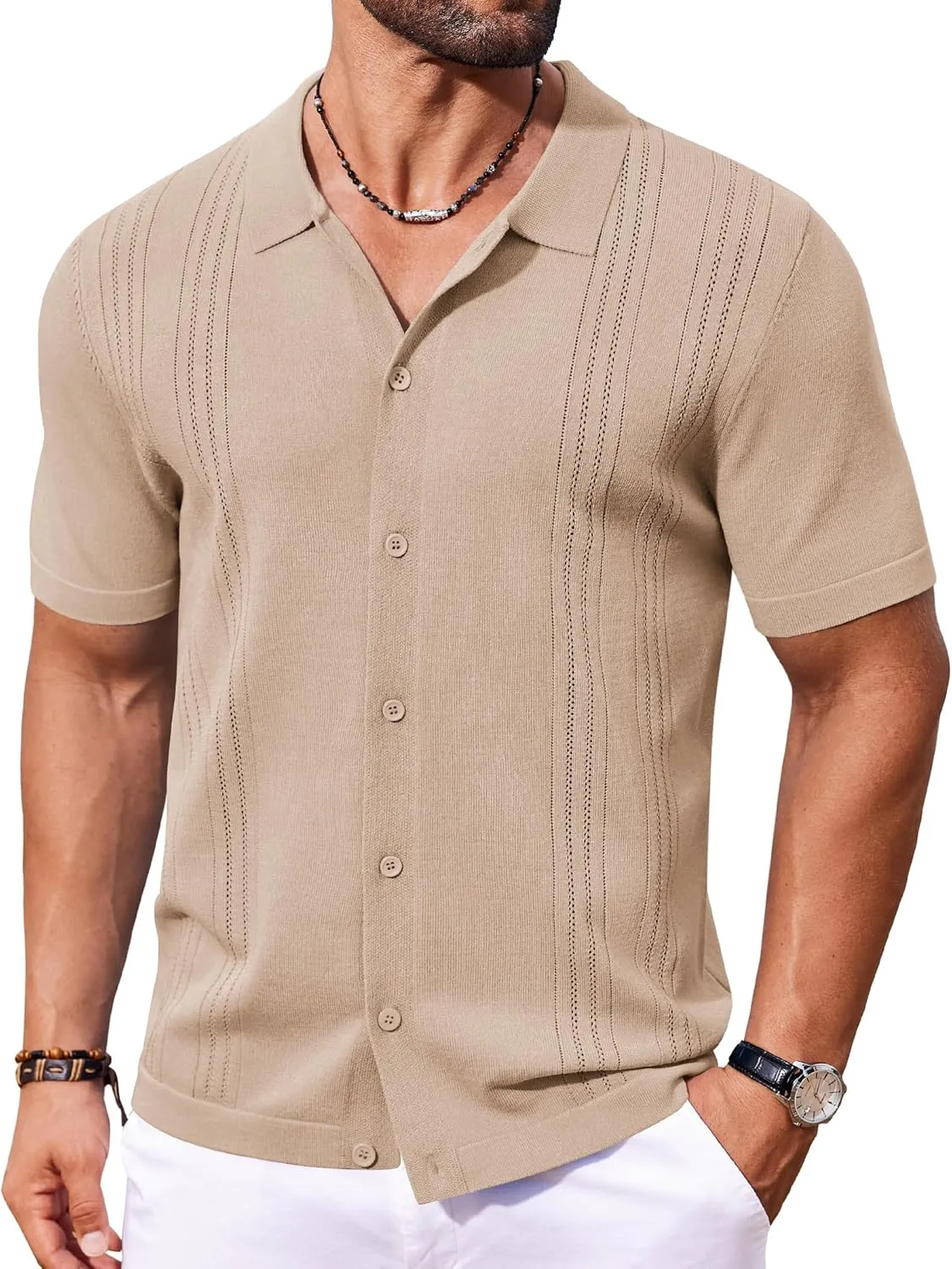 COOFANDY Men's Knit Button Down Shirt Short Sleeve Cuban Guayabera Shirts Casual Textured Polo Summer Tops