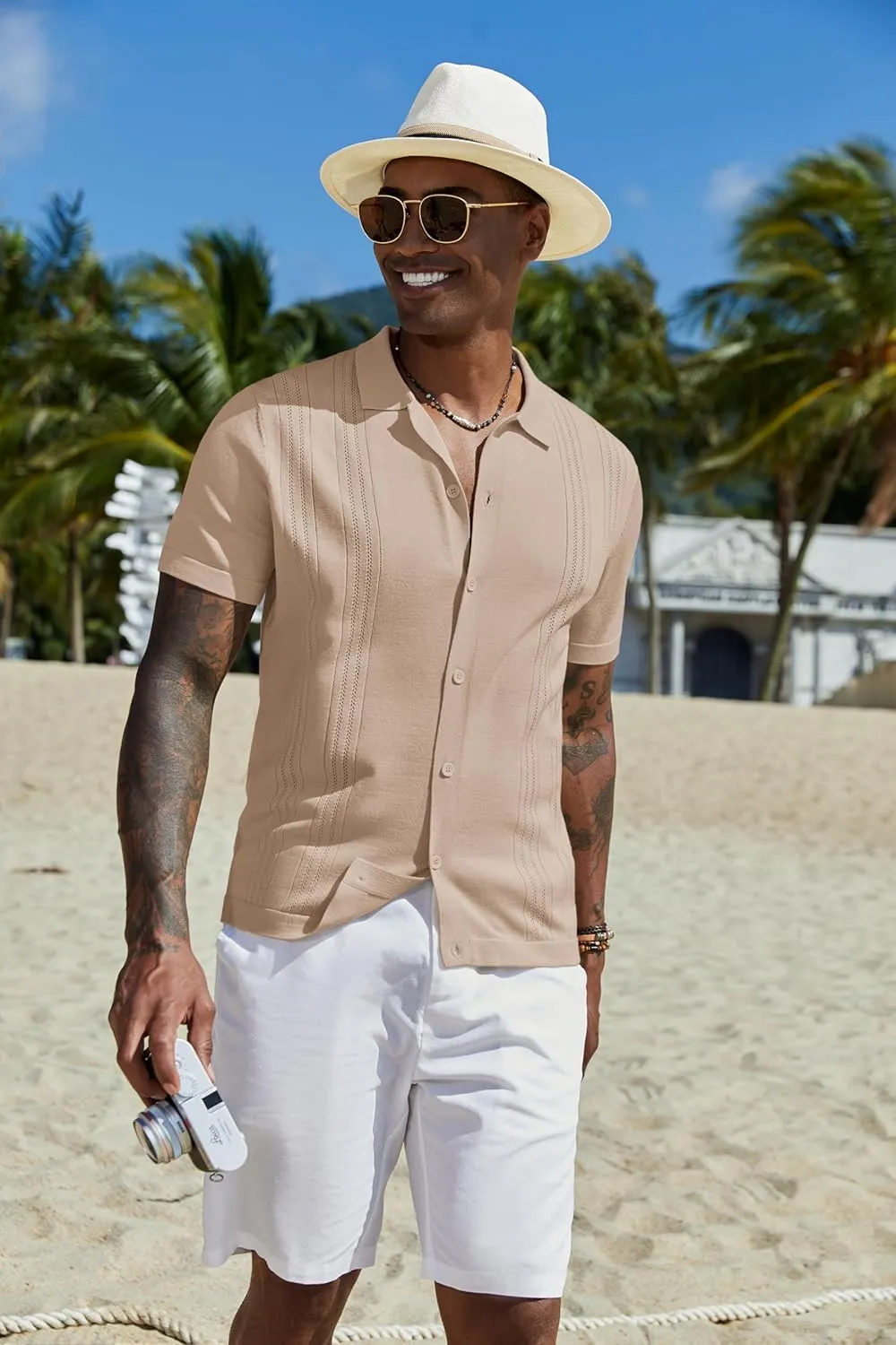 COOFANDY Men's Knit Button Down Shirt Short Sleeve Cuban Guayabera Shirts Casual Textured Polo Summer Tops