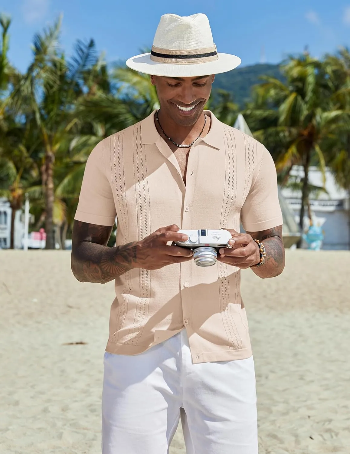 COOFANDY Men's Knit Button Down Shirt Short Sleeve Cuban Guayabera Shirts Casual Textured Polo Summer Tops