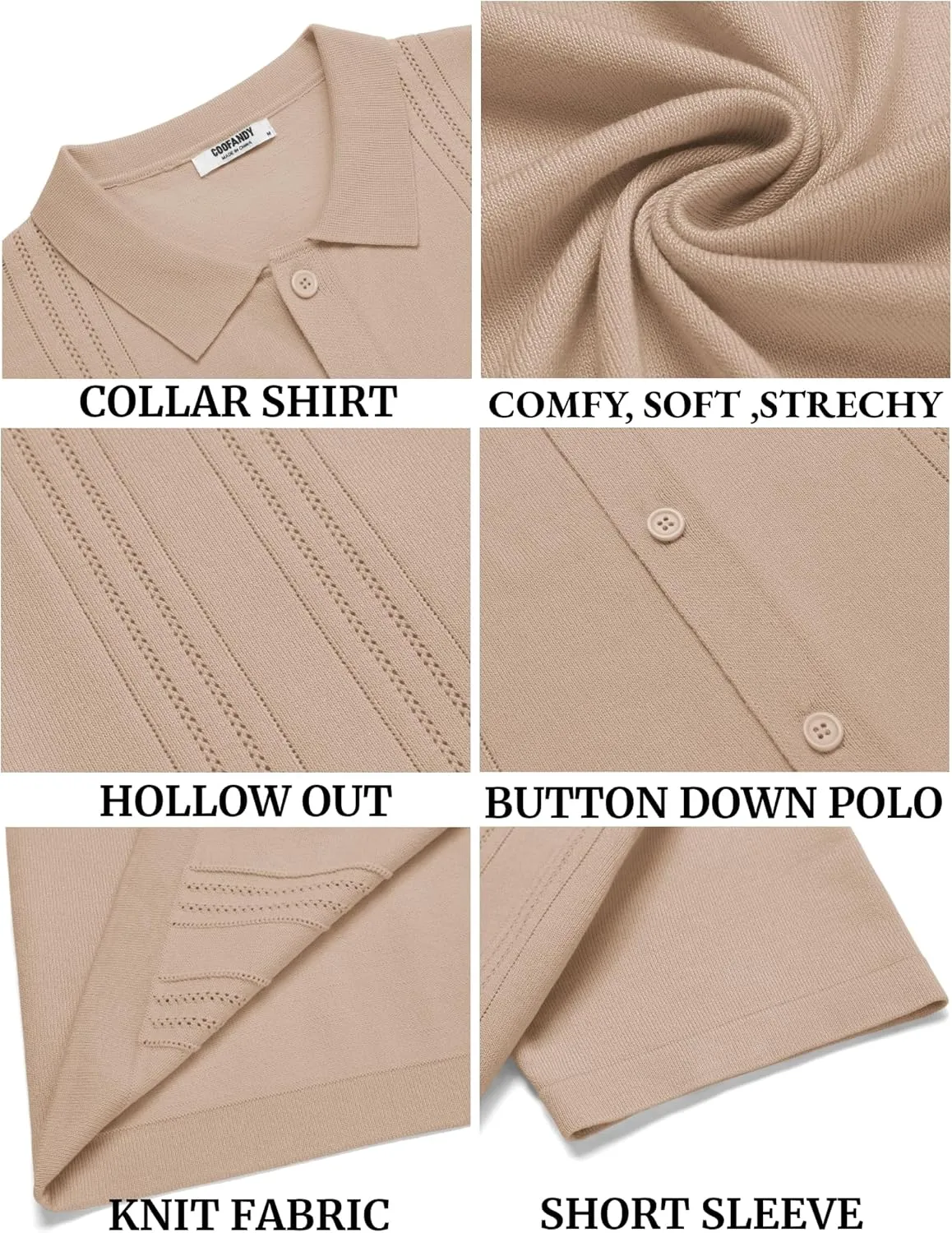 COOFANDY Men's Knit Button Down Shirt Short Sleeve Cuban Guayabera Shirts Casual Textured Polo Summer Tops