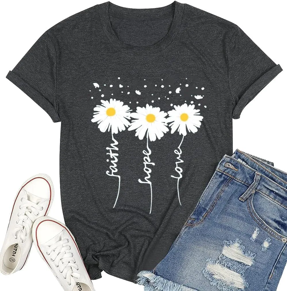 Cute Faith Hope Love T-Shirts for Womens Daisy Graphic Tee Funny Inspirational Letter Print Tops