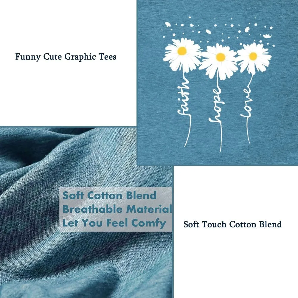 Cute Faith Hope Love T-Shirts for Womens Daisy Graphic Tee Funny Inspirational Letter Print Tops