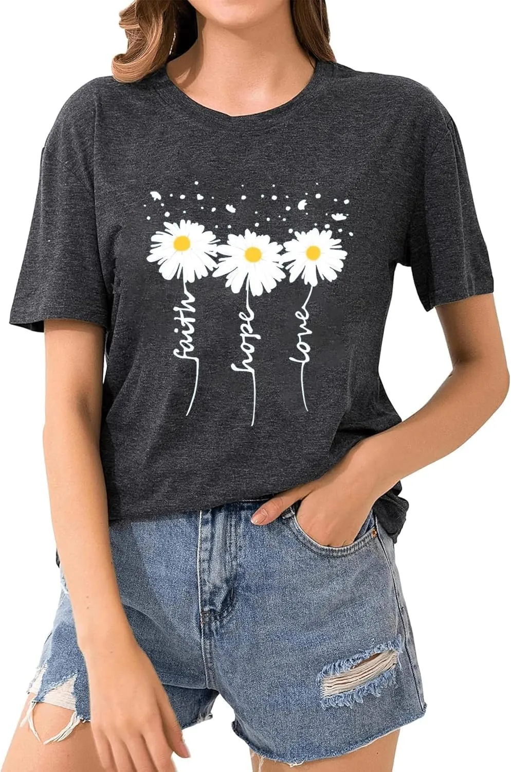 Cute Faith Hope Love T-Shirts for Womens Daisy Graphic Tee Funny Inspirational Letter Print Tops