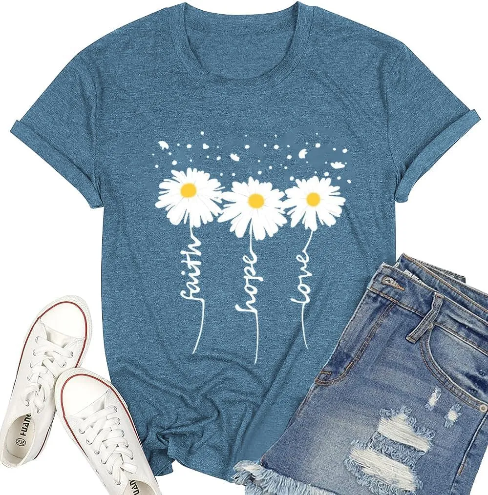 Cute Faith Hope Love T-Shirts for Womens Daisy Graphic Tee Funny Inspirational Letter Print Tops