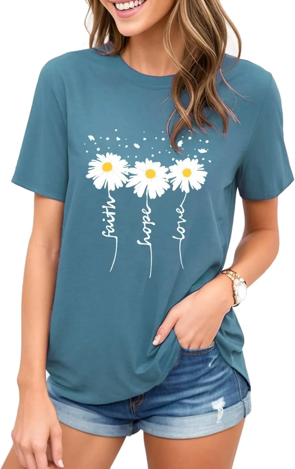 Cute Faith Hope Love T-Shirts for Womens Daisy Graphic Tee Funny Inspirational Letter Print Tops