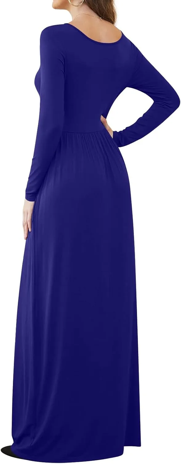 DB MOON Women Casual Long Sleeve Maxi Dresses Empire Waist Long Dress with Pockets