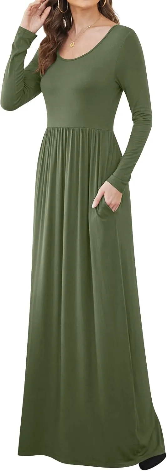 DB MOON Women Casual Long Sleeve Maxi Dresses Empire Waist Long Dress with Pockets