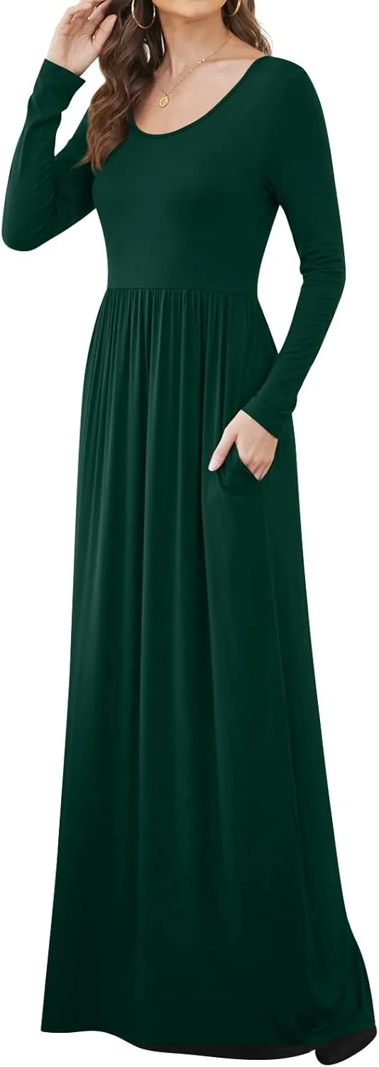 DB MOON Women Casual Long Sleeve Maxi Dresses Empire Waist Long Dress with Pockets