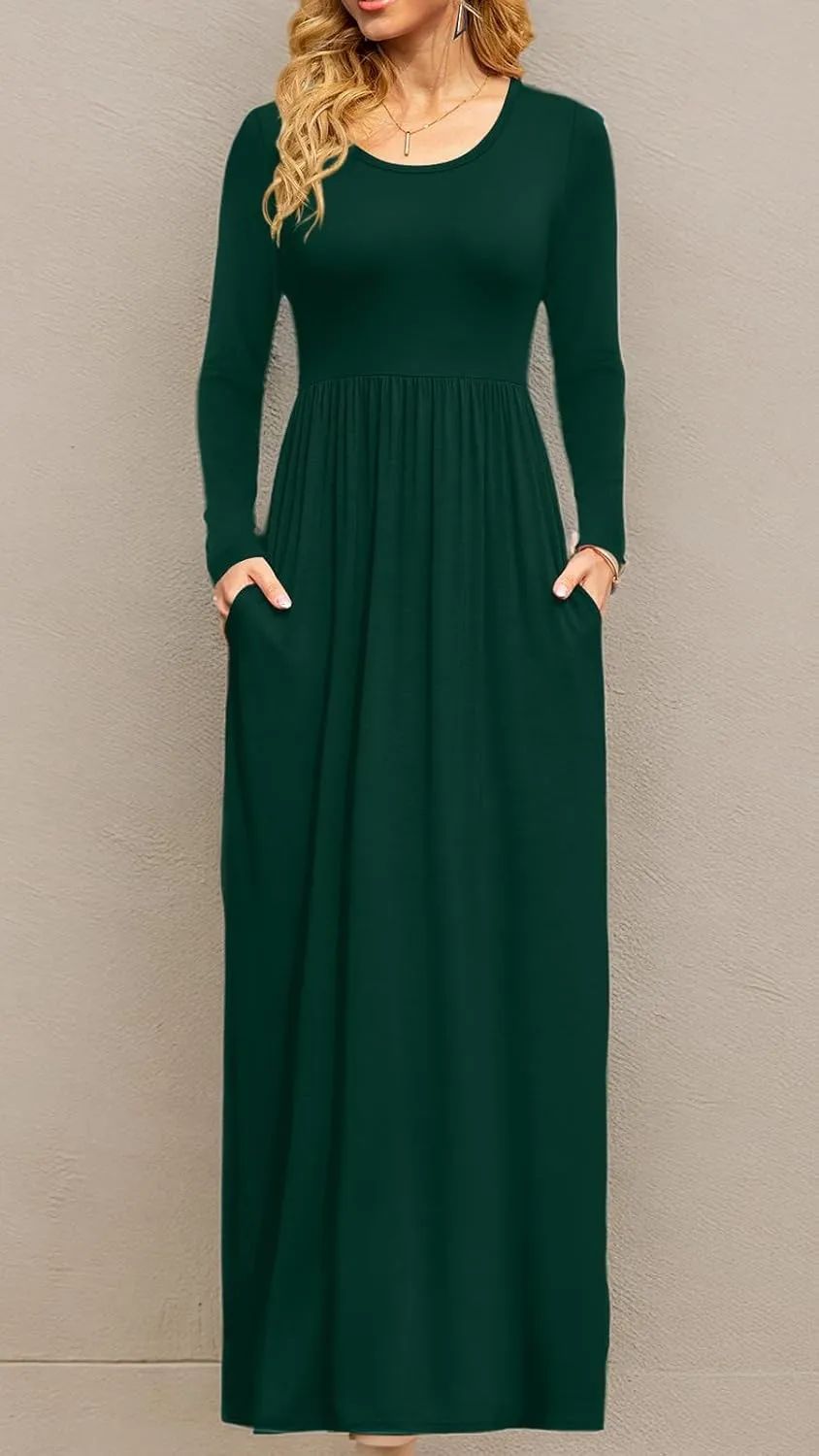 DB MOON Women Casual Long Sleeve Maxi Dresses Empire Waist Long Dress with Pockets