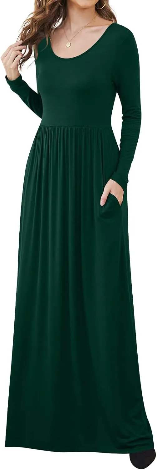 DB MOON Women Casual Long Sleeve Maxi Dresses Empire Waist Long Dress with Pockets