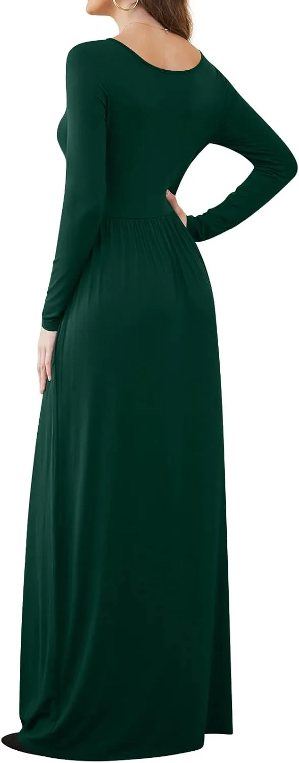 DB MOON Women Casual Long Sleeve Maxi Dresses Empire Waist Long Dress with Pockets