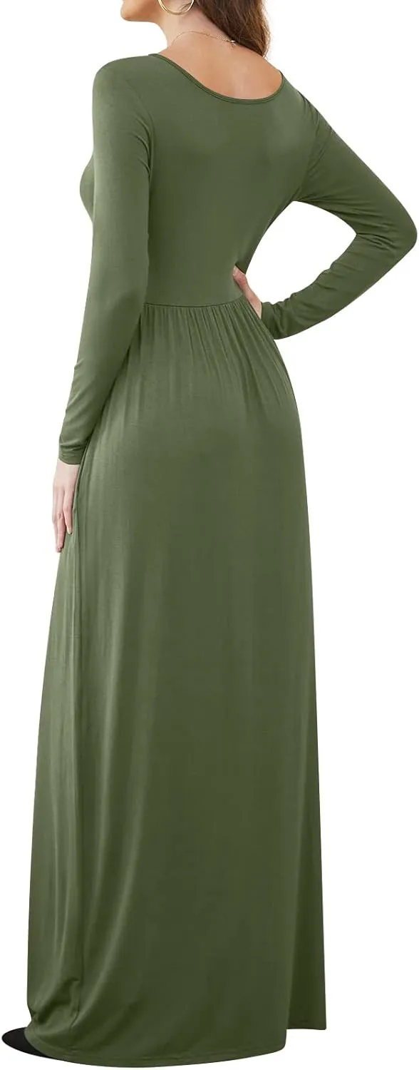 DB MOON Women Casual Long Sleeve Maxi Dresses Empire Waist Long Dress with Pockets