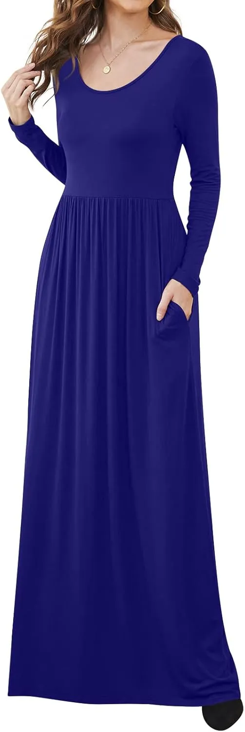 DB MOON Women Casual Long Sleeve Maxi Dresses Empire Waist Long Dress with Pockets