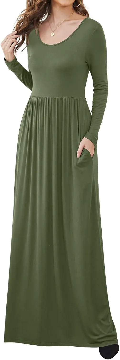 DB MOON Women Casual Long Sleeve Maxi Dresses Empire Waist Long Dress with Pockets