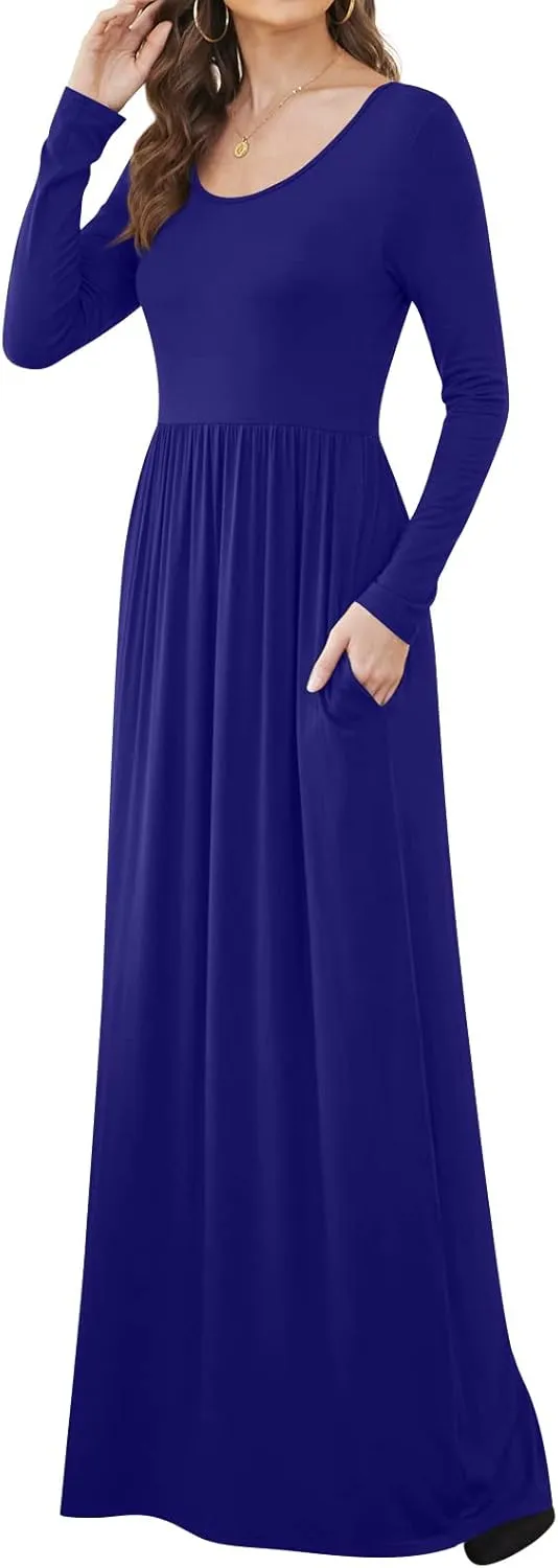 DB MOON Women Casual Long Sleeve Maxi Dresses Empire Waist Long Dress with Pockets