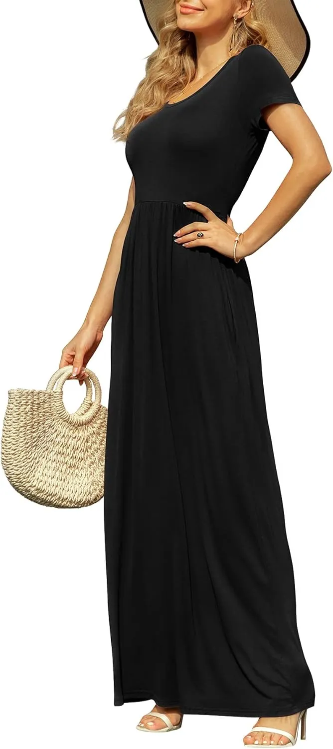 DB MOON Women's Short Sleeve Maxi Dresses Casual Empire Waist Long Dress with Pockets