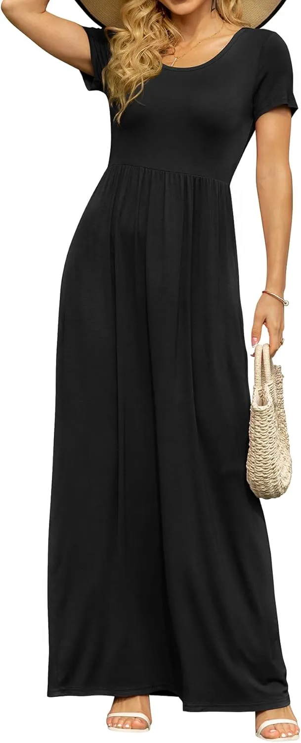 DB MOON Women's Short Sleeve Maxi Dresses Casual Empire Waist Long Dress with Pockets