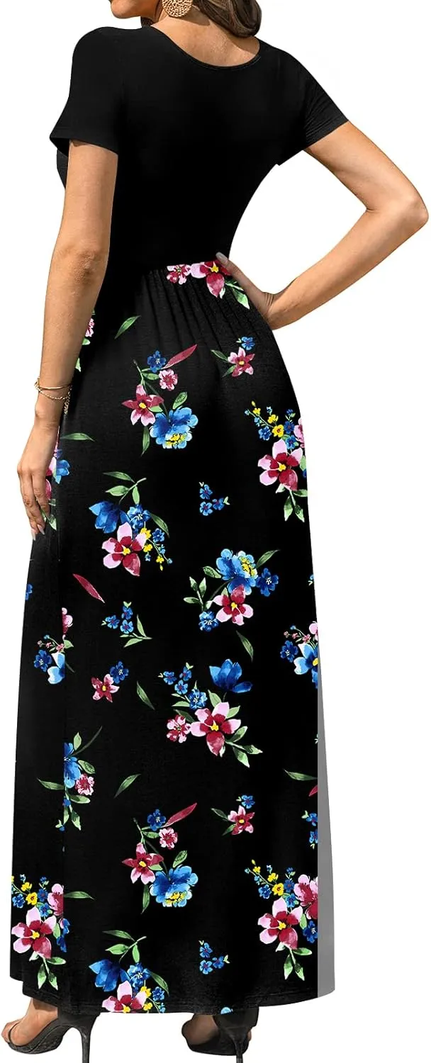 DB MOON Women's Short Sleeve Maxi Dresses Casual Empire Waist Long Dress with Pockets