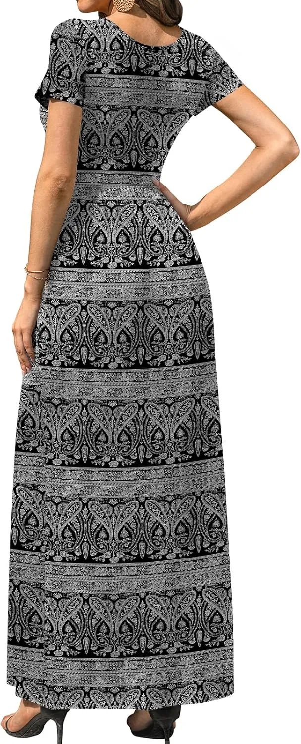 DB MOON Women's Short Sleeve Maxi Dresses Casual Empire Waist Long Dress with Pockets