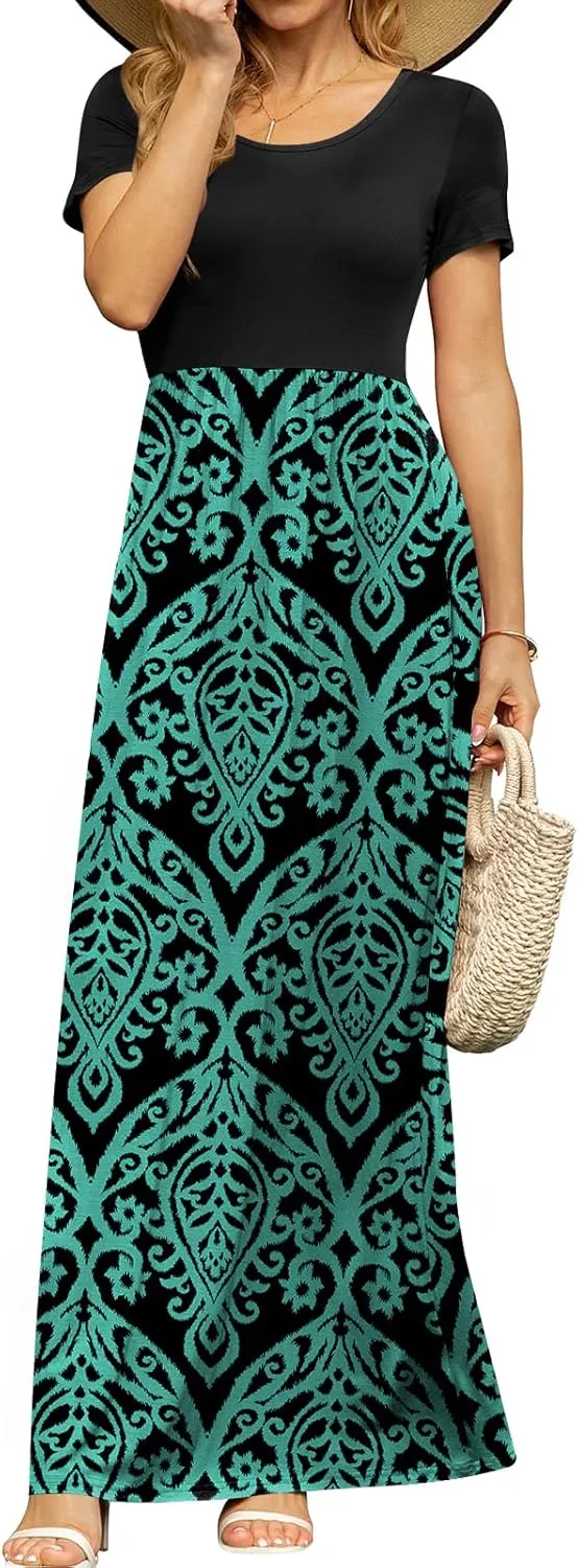 DB MOON Women's Short Sleeve Maxi Dresses Casual Empire Waist Long Dress with Pockets