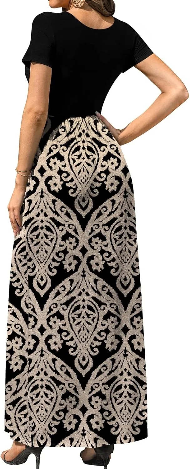 DB MOON Women's Short Sleeve Maxi Dresses Casual Empire Waist Long Dress with Pockets