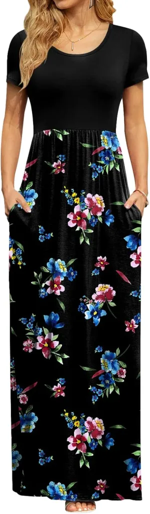 DB MOON Women's Short Sleeve Maxi Dresses Casual Empire Waist Long Dress with Pockets