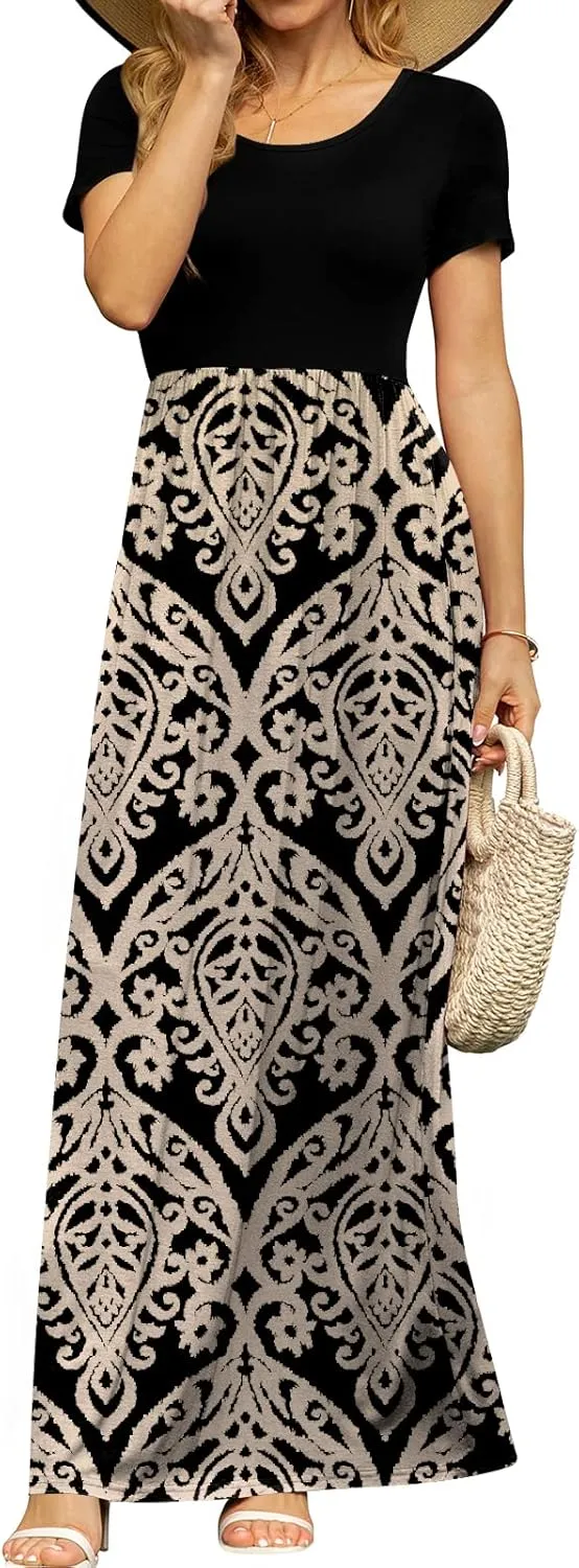 DB MOON Women's Short Sleeve Maxi Dresses Casual Empire Waist Long Dress with Pockets