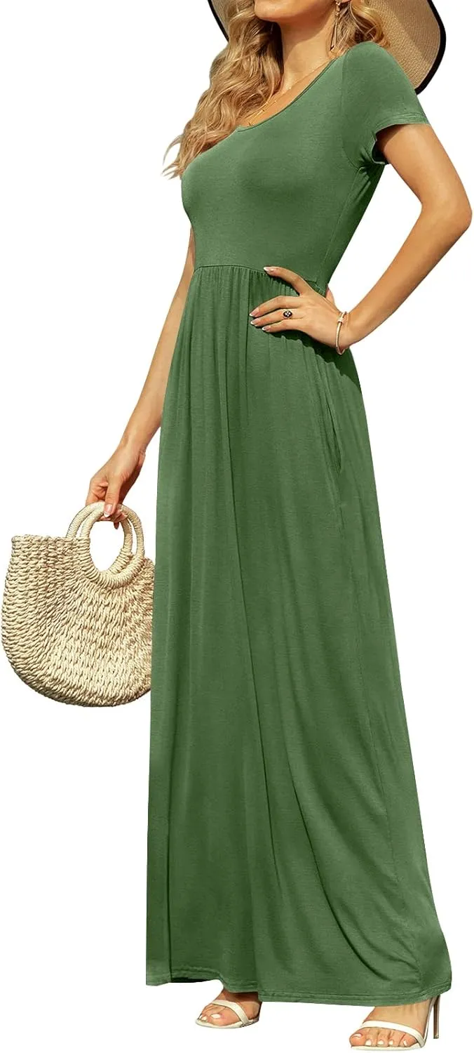 DB MOON Women's Short Sleeve Maxi Dresses Casual Empire Waist Long Dress with Pockets