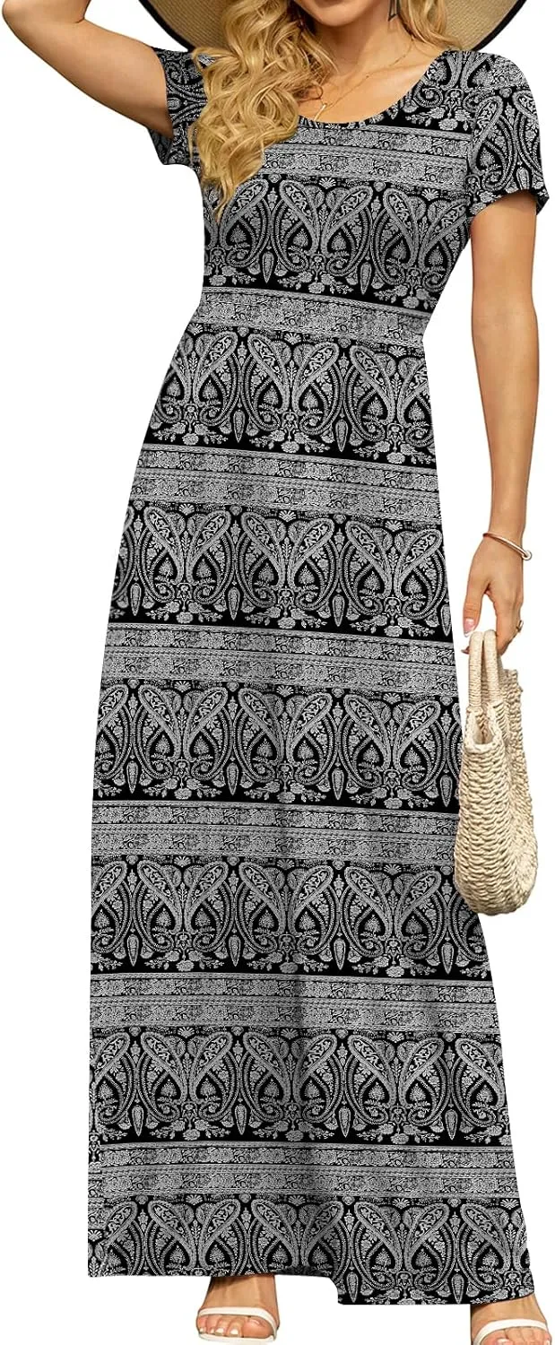 DB MOON Women's Short Sleeve Maxi Dresses Casual Empire Waist Long Dress with Pockets