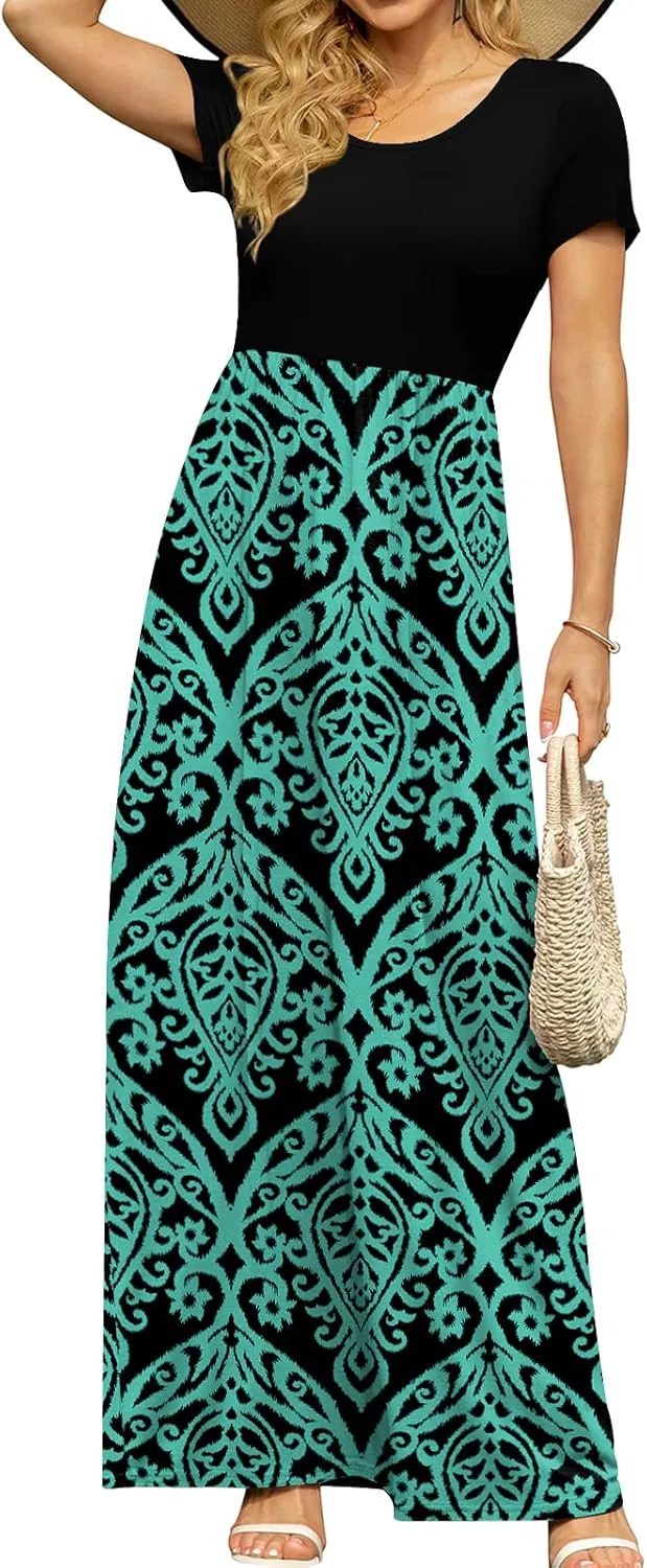 DB MOON Women's Short Sleeve Maxi Dresses Casual Empire Waist Long Dress with Pockets