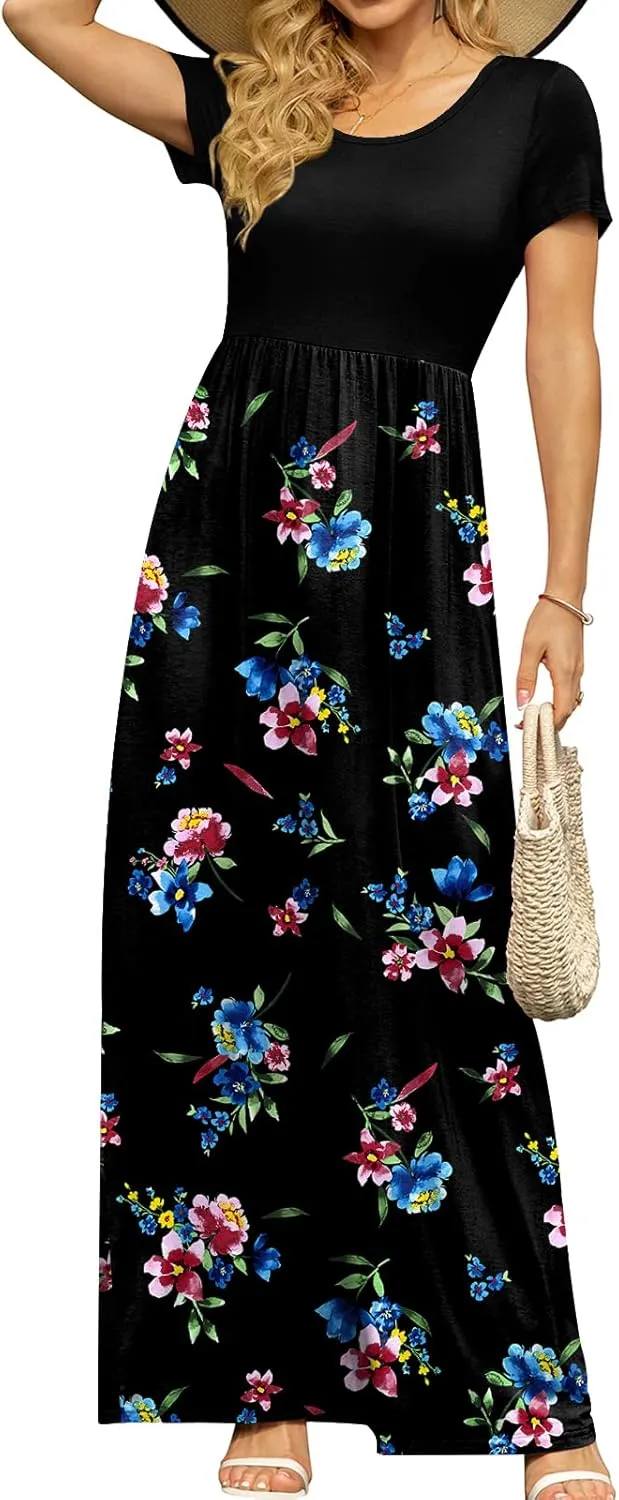DB MOON Women's Short Sleeve Maxi Dresses Casual Empire Waist Long Dress with Pockets