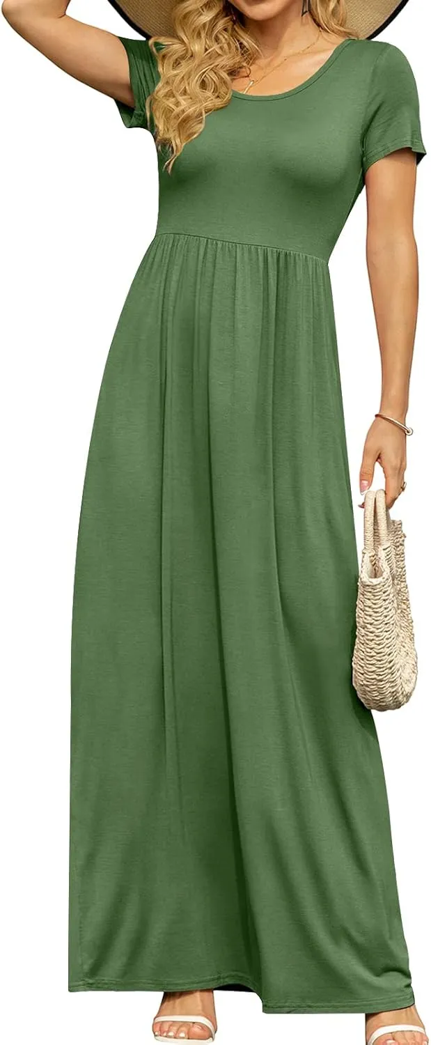 DB MOON Women's Short Sleeve Maxi Dresses Casual Empire Waist Long Dress with Pockets