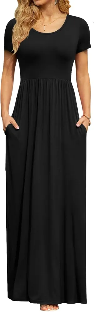 DB MOON Women's Short Sleeve Maxi Dresses Casual Empire Waist Long Dress with Pockets