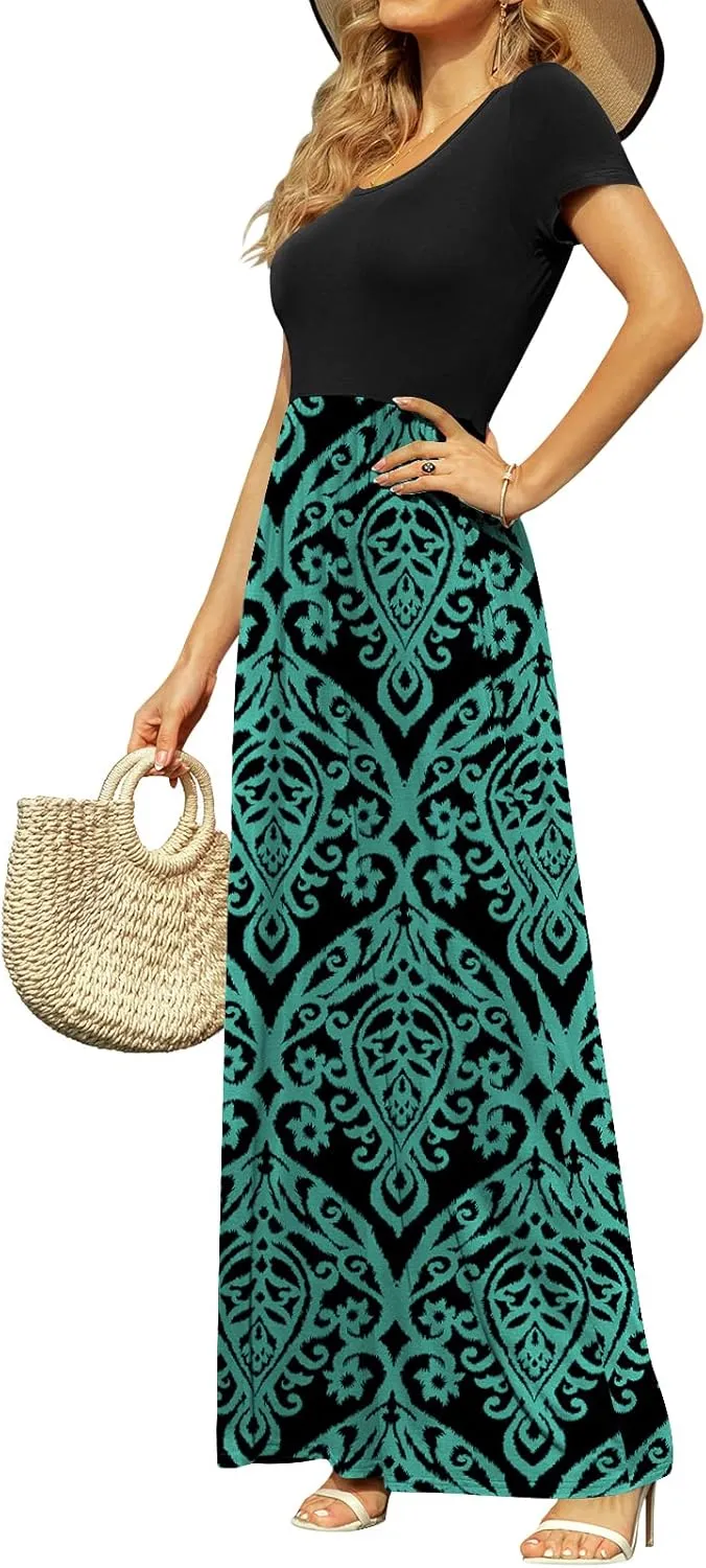 DB MOON Women's Short Sleeve Maxi Dresses Casual Empire Waist Long Dress with Pockets
