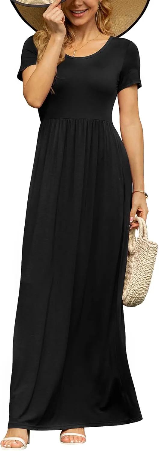 DB MOON Women's Short Sleeve Maxi Dresses Casual Empire Waist Long Dress with Pockets