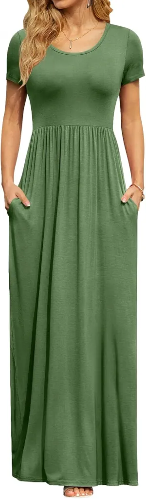 DB MOON Women's Short Sleeve Maxi Dresses Casual Empire Waist Long Dress with Pockets
