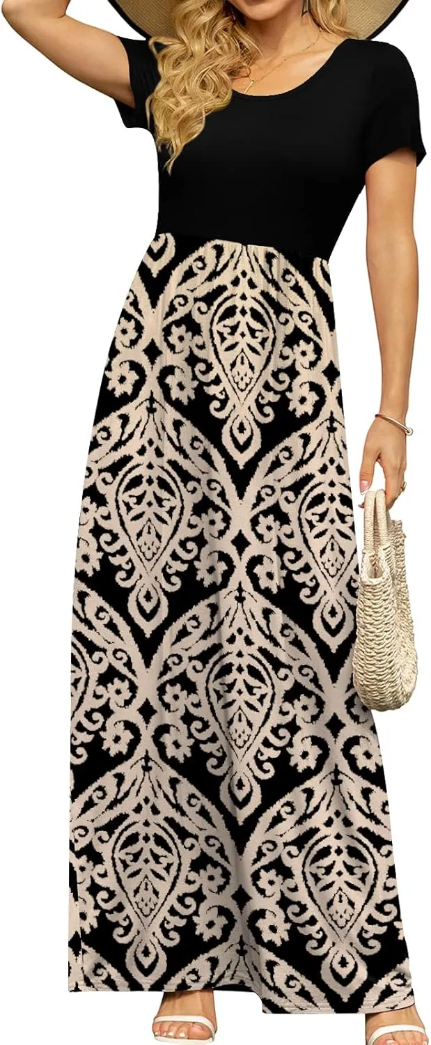 DB MOON Women's Short Sleeve Maxi Dresses Casual Empire Waist Long Dress with Pockets