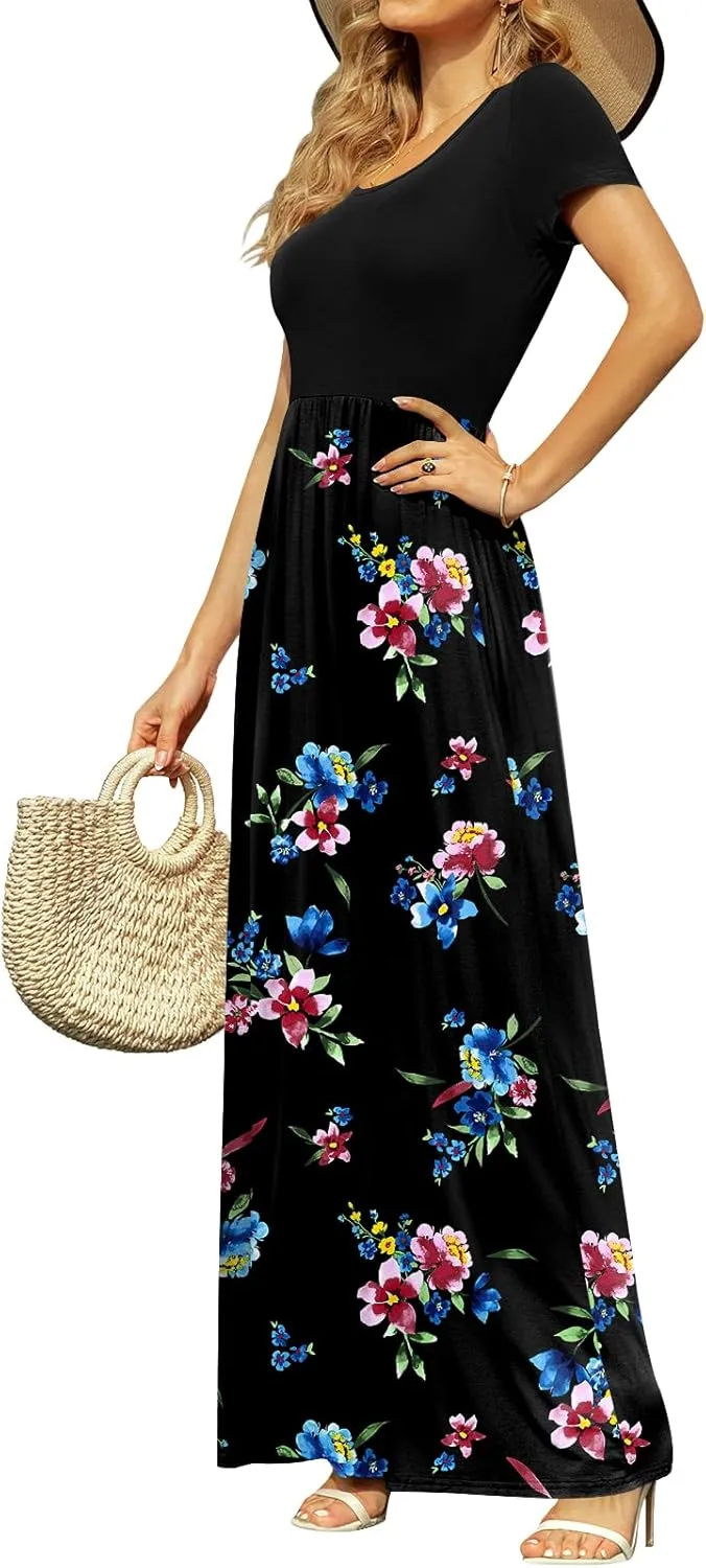 DB MOON Women's Short Sleeve Maxi Dresses Casual Empire Waist Long Dress with Pockets