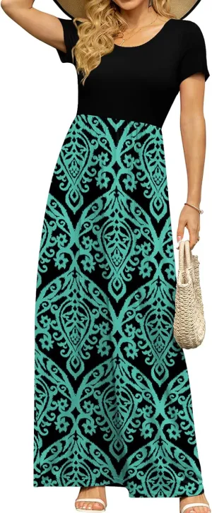 DB MOON Women's Short Sleeve Maxi Dresses Casual Empire Waist Long Dress with Pockets