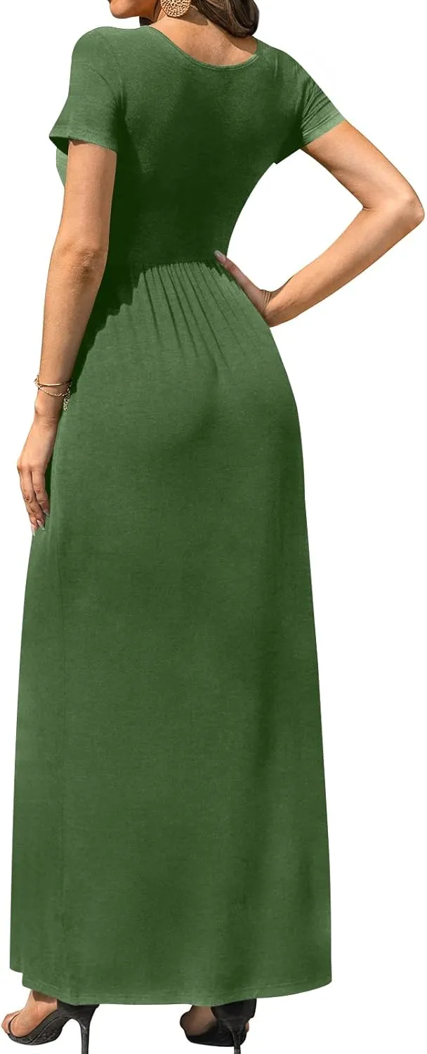 DB MOON Women's Short Sleeve Maxi Dresses Casual Empire Waist Long Dress with Pockets